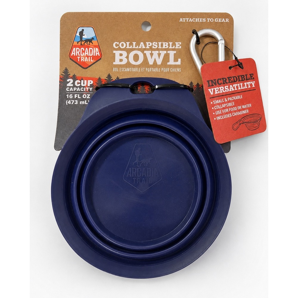Arcadia Trail Collapsible Dog Travel Bowl 2 Cup 16 oz Navy with Carabiner